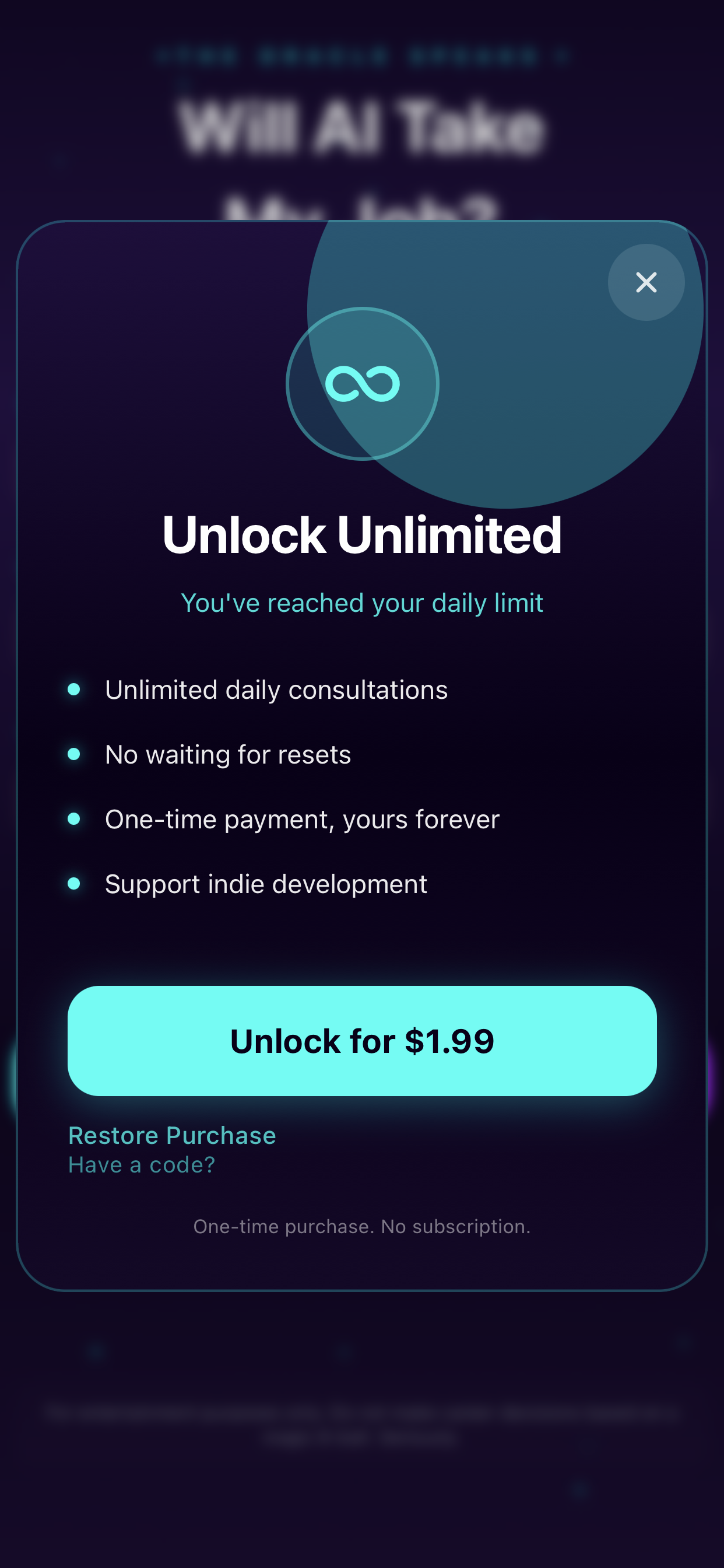 Premium unlock screen showing $1.99 unlimited predictions